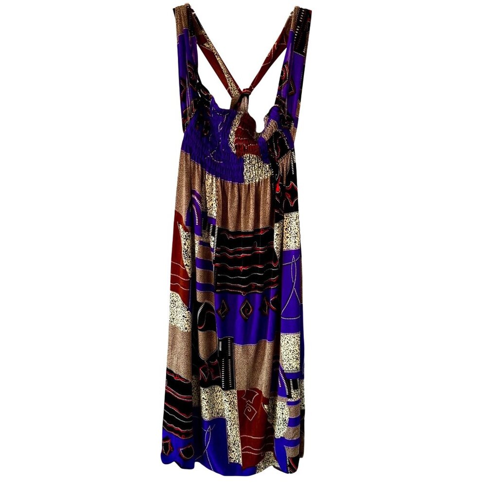 Silk Blend Colorful Abstract Print Halter Dress Smocked Bodice Tie Back Medium